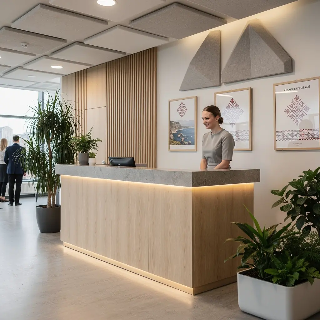 Aktiivne töökeskkond, kus töötajad naudivad avarat ja hästi korraldatud ruumi.