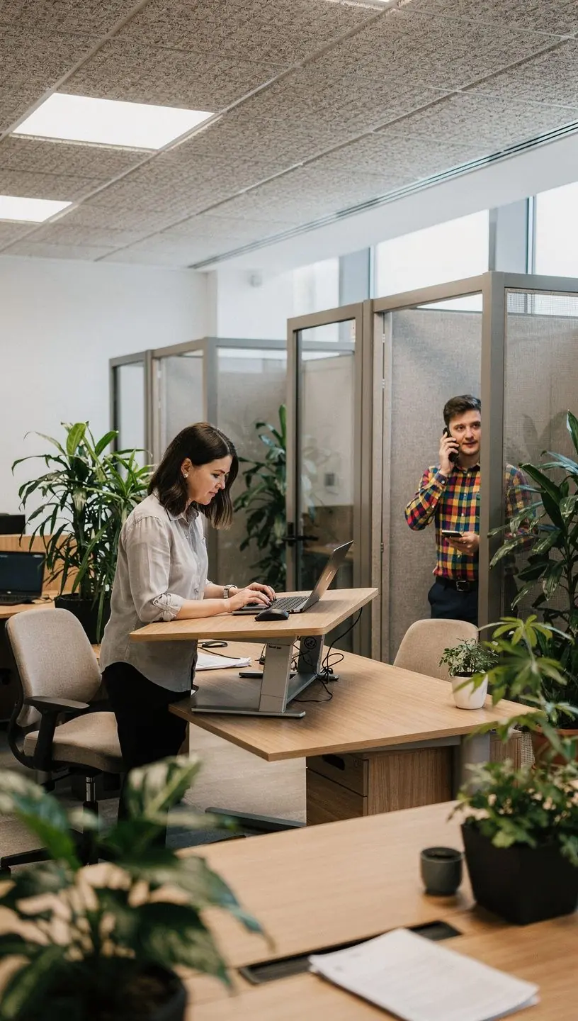 Valgusküllane töötuba, kus on kasutatud looduslike materjalide ja värvide harmooniat.